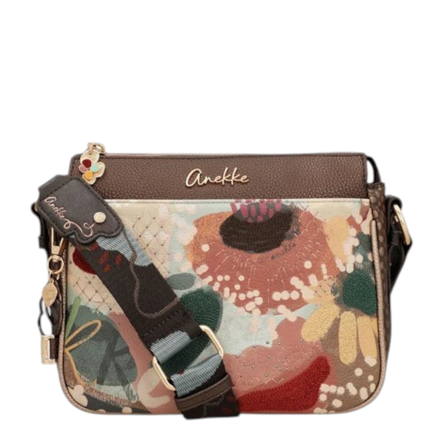 Lieblingstasche cross-body bag featuring a floral embroidered design, brown faux leather trim, and patterned strap.