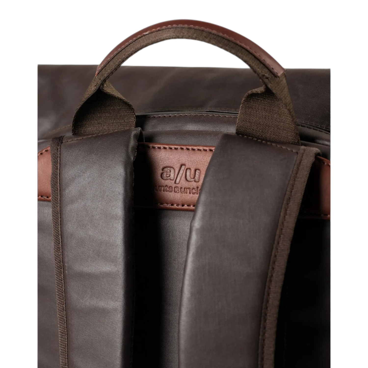 Lieblingstasche a/u by aunts & uncles Fukui backpack featuring brown coated canvas and leather details on straps