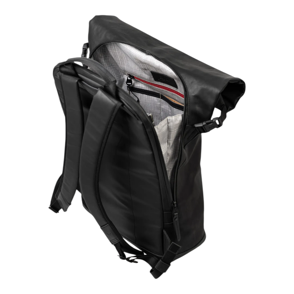 Lieblingstasche Fukui rolltop backpack in black coated canvas with padded straps and interior laptop compartment