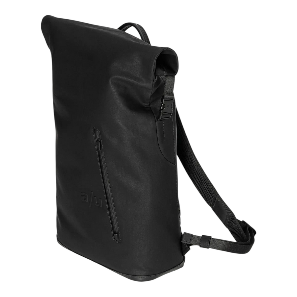 Lieblingstasche a/u by aunts & uncles Fukui black rolltop backpack made of coated canvas with leather details.