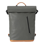 Lieblingstasche a/u by aunts & uncles Fukui grey rolltop backpack with tan leather details and front zip pocket.