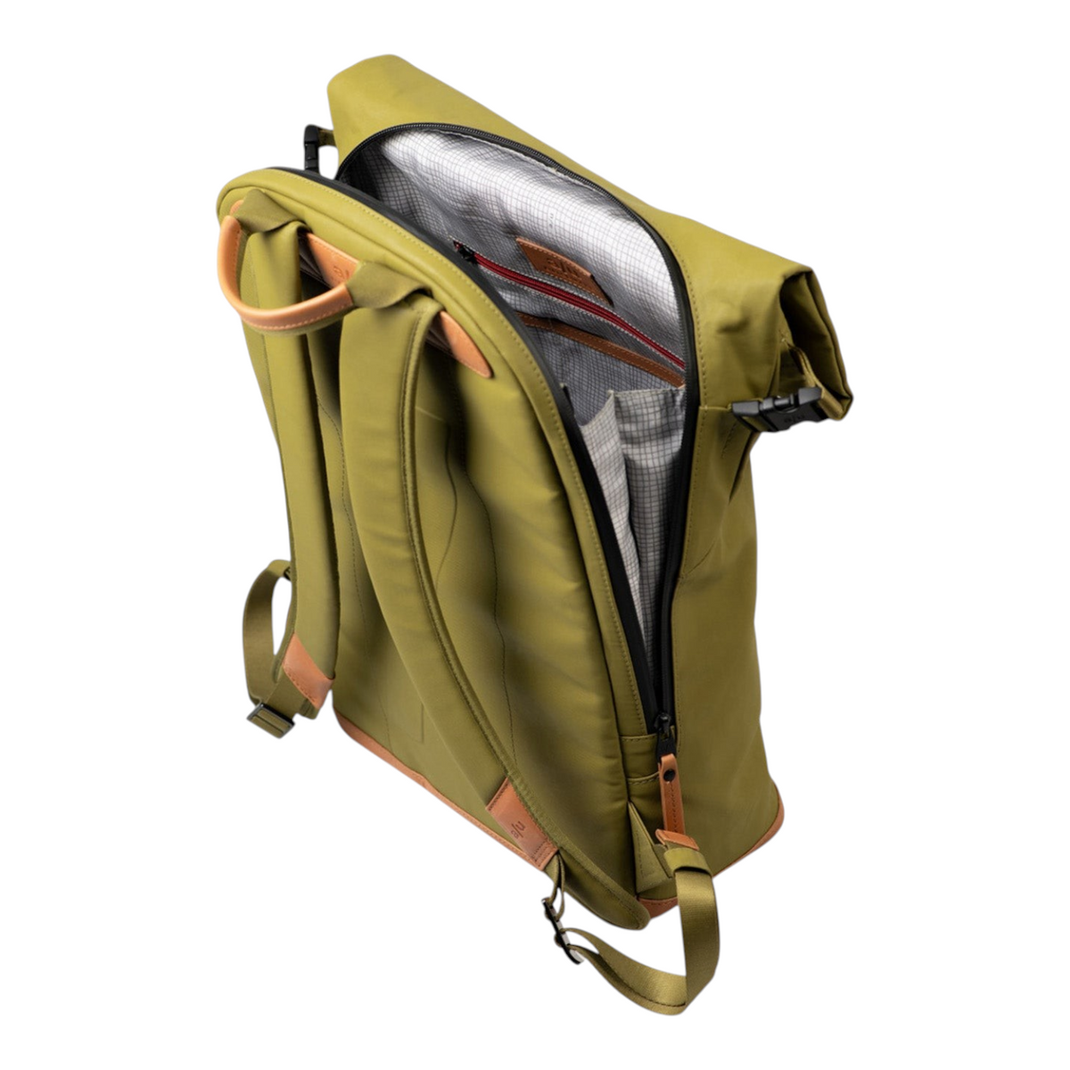 Lieblingstasche Fukui rolltop backpack in olive green coated canvas with tan leather details and back zipper access