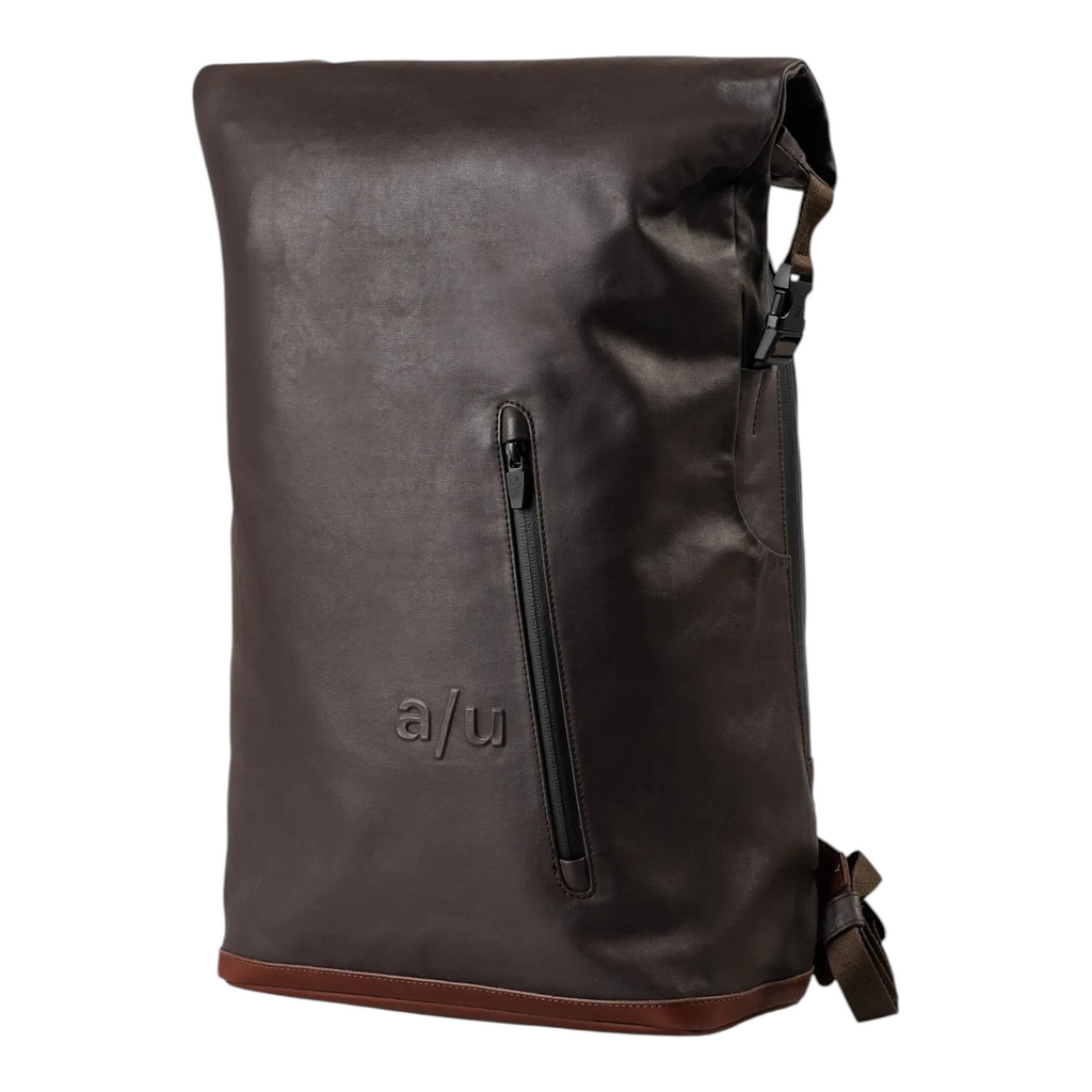 Lieblingstasche a/u by aunts & uncles Fukui rolltop backpack in dark brown coated canvas with leather details.