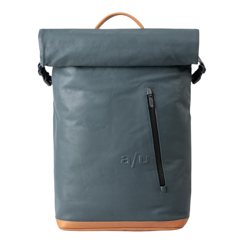 Lieblingstasche a/u Fukui rolltop backpack in blue coated canvas with tan leather accents and front zip pocket