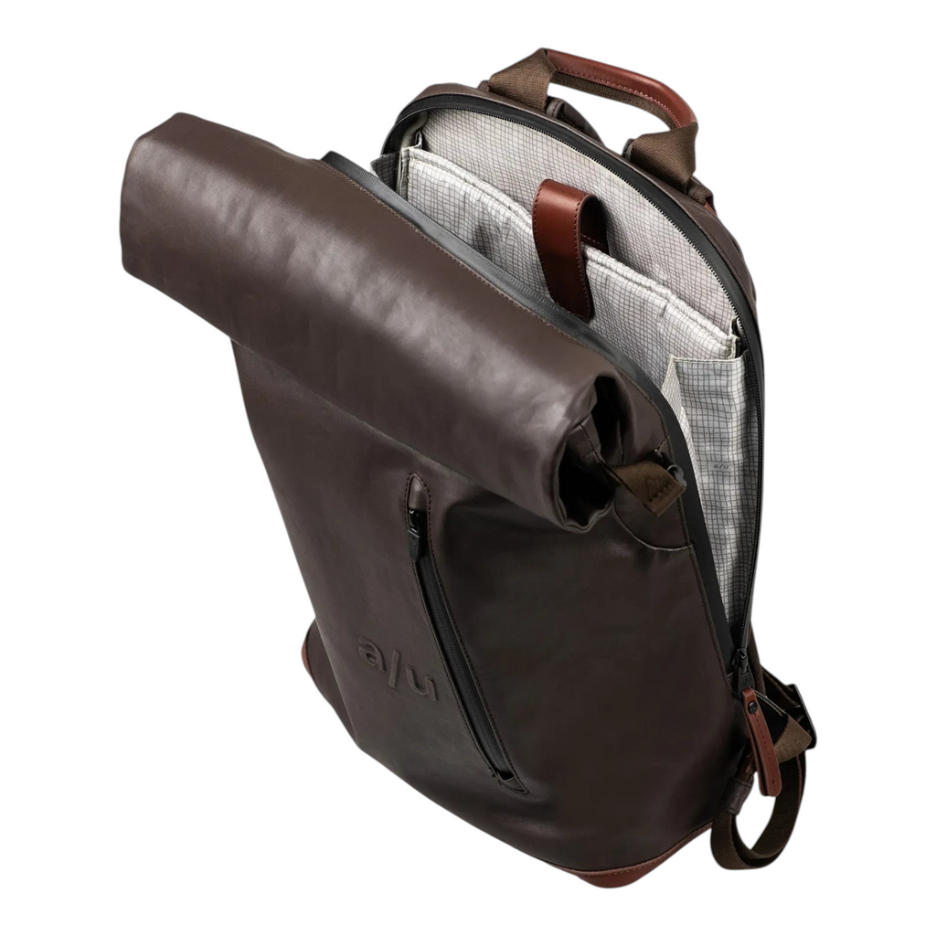 Lieblingstasche a/u by aunts & uncles Fukui rolltop backpack in dark brown coated canvas with leather details