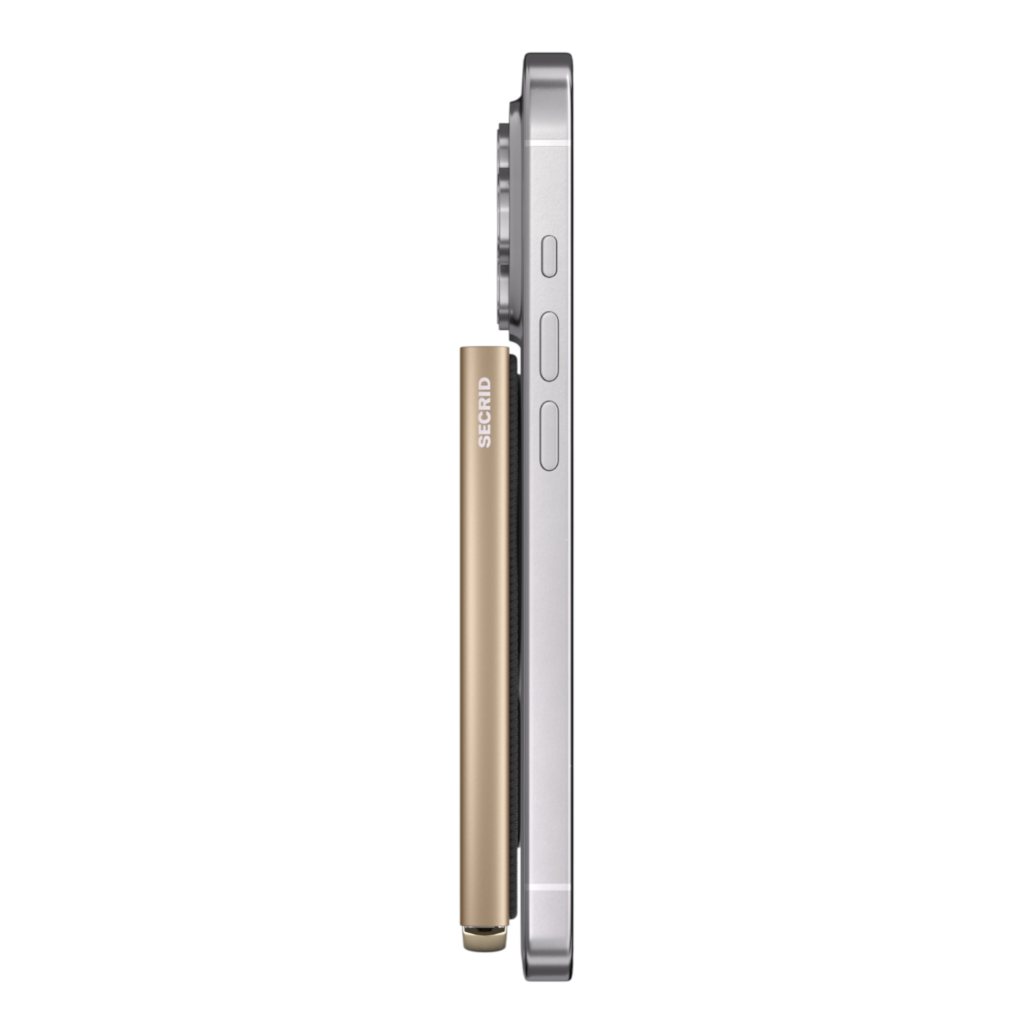 Lieblingstasche Secrid Cardprotector for MagSafe in gold with a fluted texture attached to a silver smartphone side view