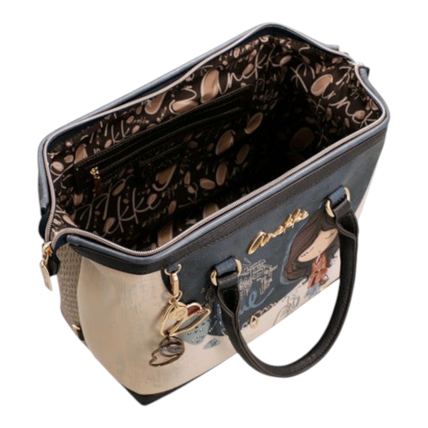 Lieblingstasche short handle bag with artistic graphic print, gold hardware, and patterned interior lining