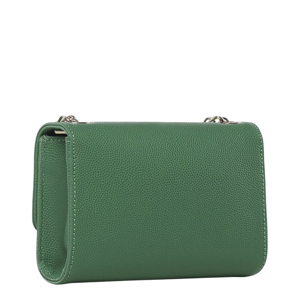 Lieblingstasche Pochette Divina green pebbled leather crossbody bag with silver chain strap.