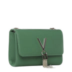 Lieblingstasche green pebbled leather Pochette Divina crossbody bag with silver V logo and tassel detail.