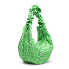 Lieblingstasche Moon Bag Ruffle in bright green leopard print with a gathered scrunchie-style shoulder strap