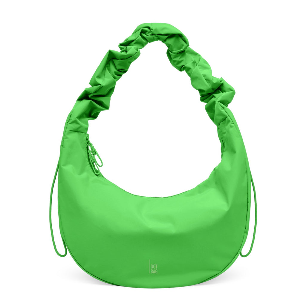 Lieblingstasche Moon Bag Ruffle Large in vibrant green with a gathered scrunchie-style shoulder strap