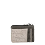 Lieblingstasche card holder in grey and beige faux leather with musical note embossing and a top zipper closure.