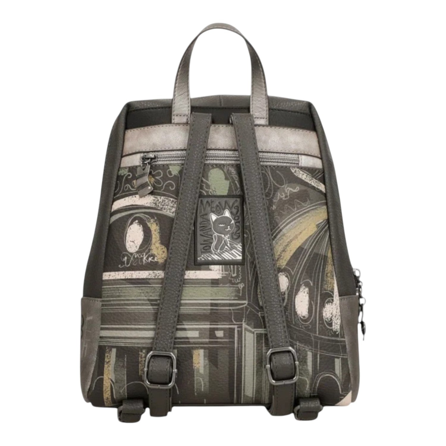 Lieblingstasche backpack featuring a grey and black artistic cat print with adjustable shoulder straps