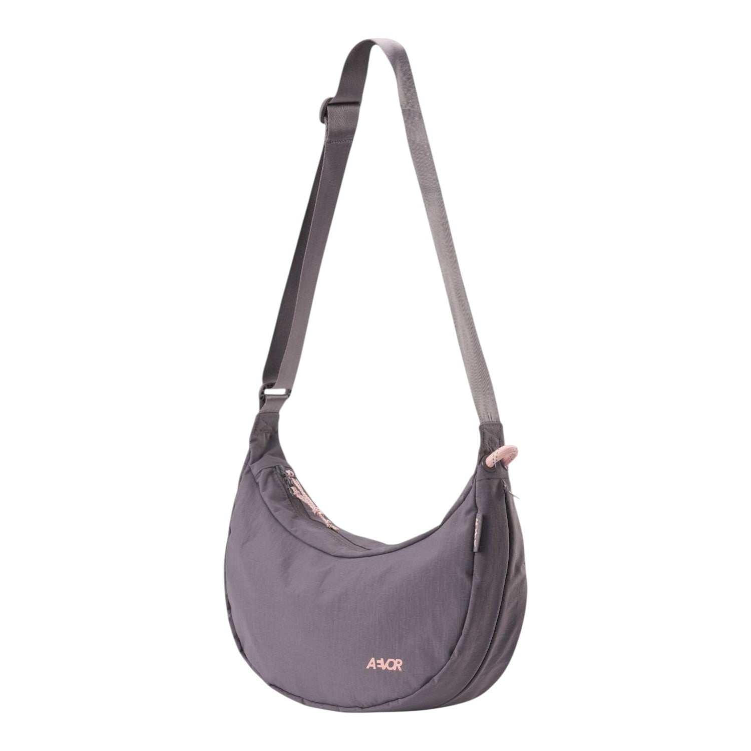 Lieblingstasche grey crescent-shaped sling bag with adjustable shoulder strap and pink zipper details