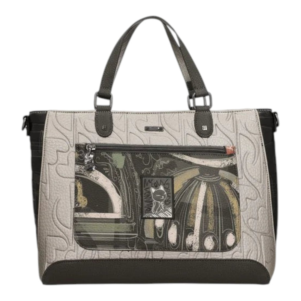 Lieblingstasche short handle bag in grey with embossed heart patterns and a decorative cat-themed front pocket