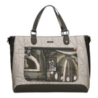 Lieblingstasche short handle bag in grey with embossed heart patterns and a decorative cat-themed front pocket
