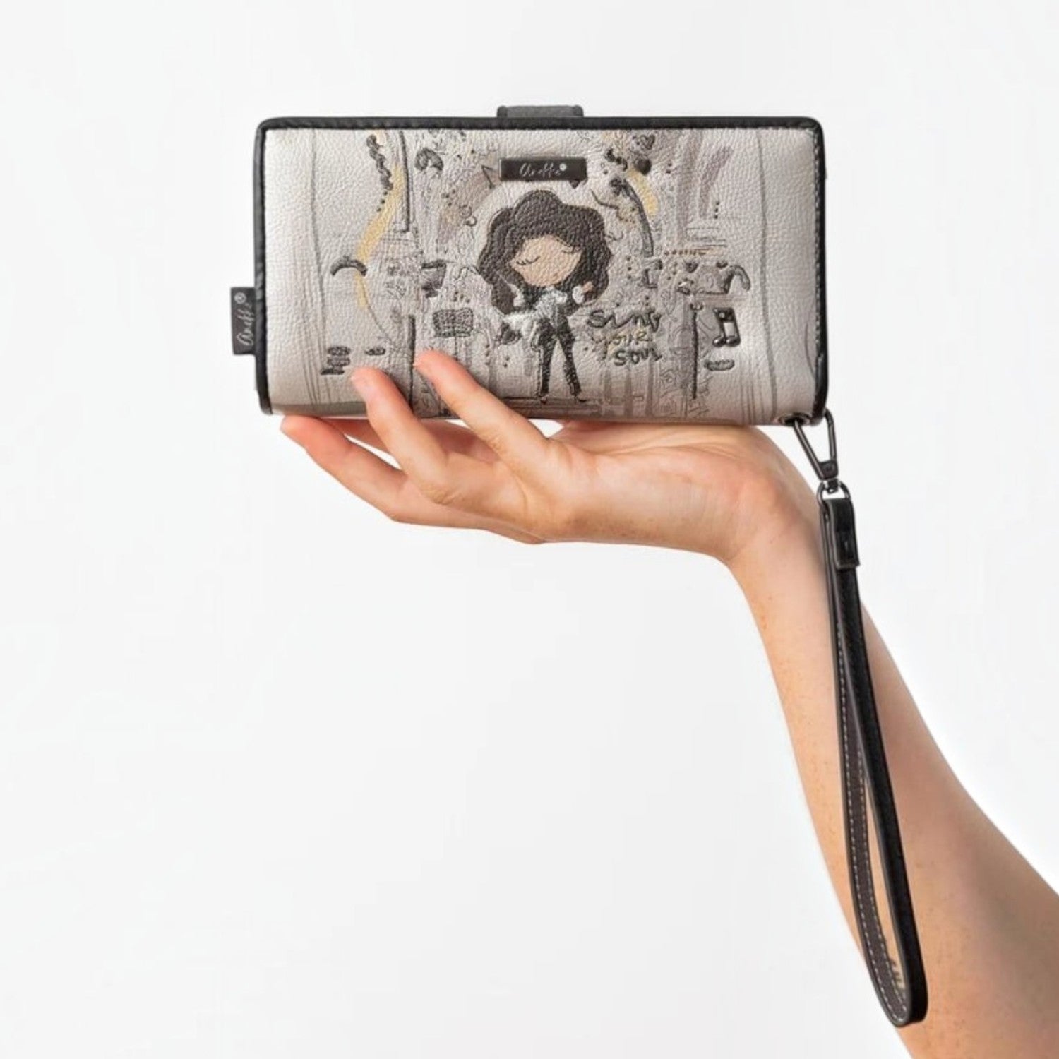 Lieblingstasche grey wallet featuring a whimsical girl illustration with musical notes and Sing Your Soul text