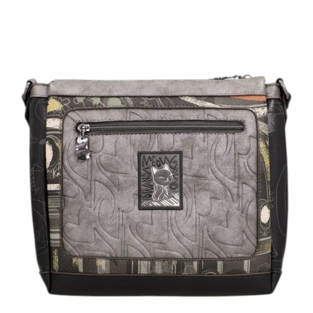 Lieblingstasche grey patterned cross-body bag with cat graphic patch and front zippered pocket