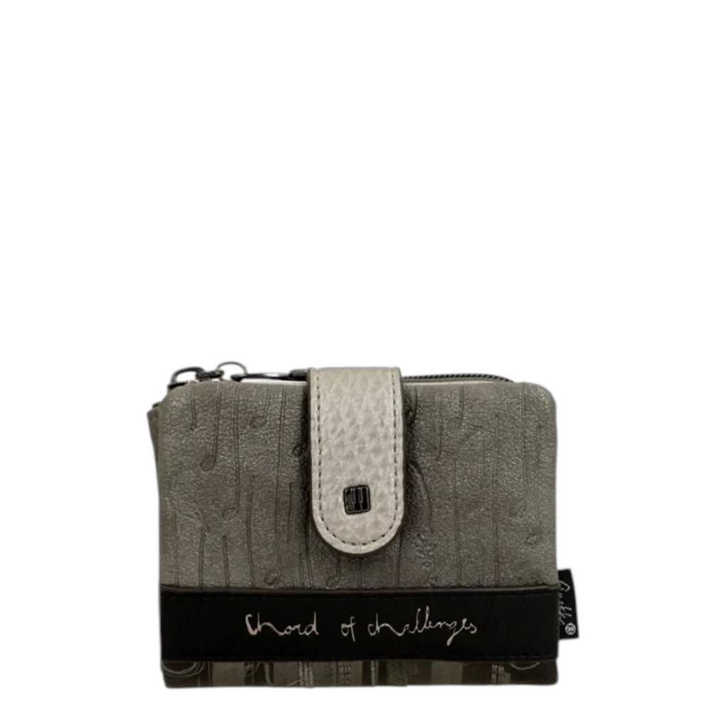 Lieblingstasche wallet in grey with textured pattern, black accent strip, and snap button closure
