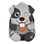 Lieblingstasche Großer Freund dog backpack with grey and dark grey accents, orange tongue, and name tag.