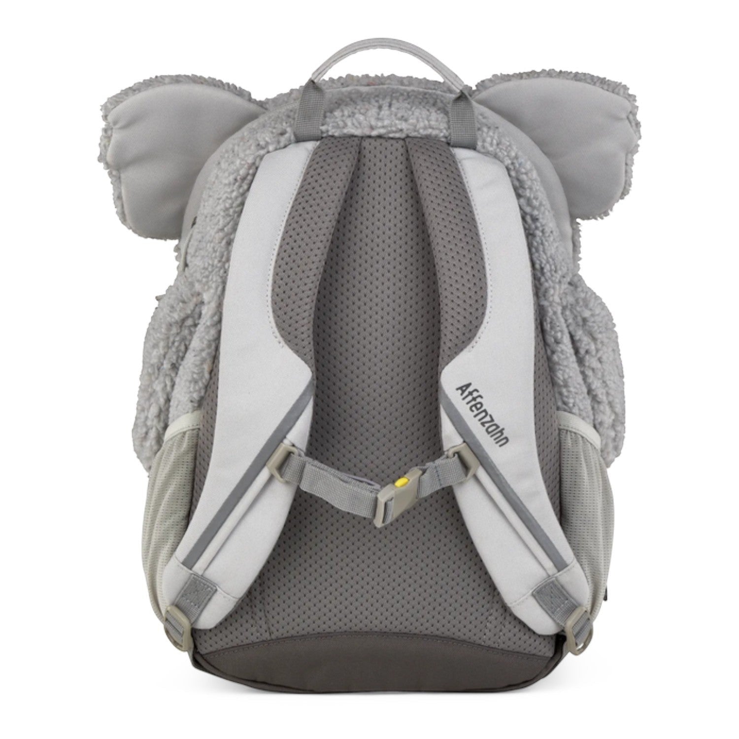 Lieblingstasche Großer Freund koala backpack with grey fleece texture, padded shoulder straps, and chest buckle.