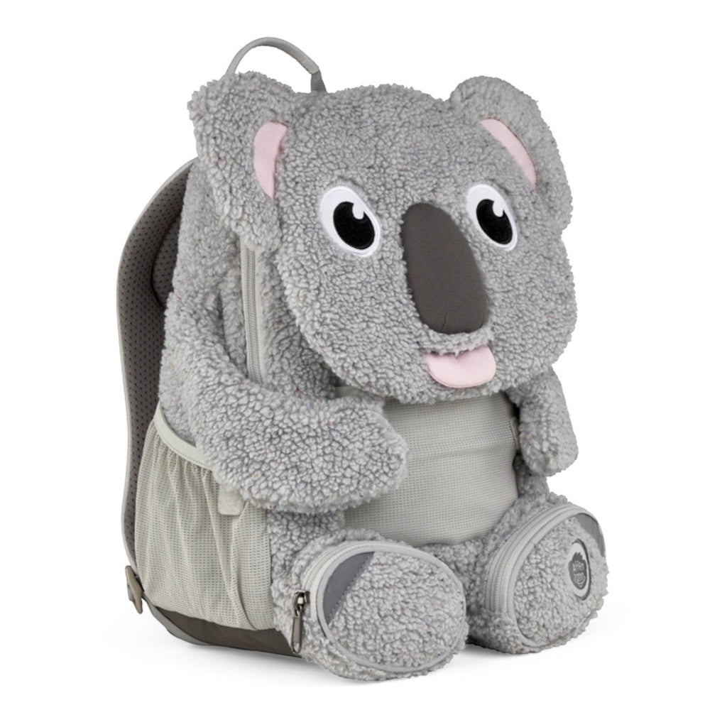 Lieblingstasche Großer Freund koala backpack in grey plush fabric with cute animal features and side mesh pockets