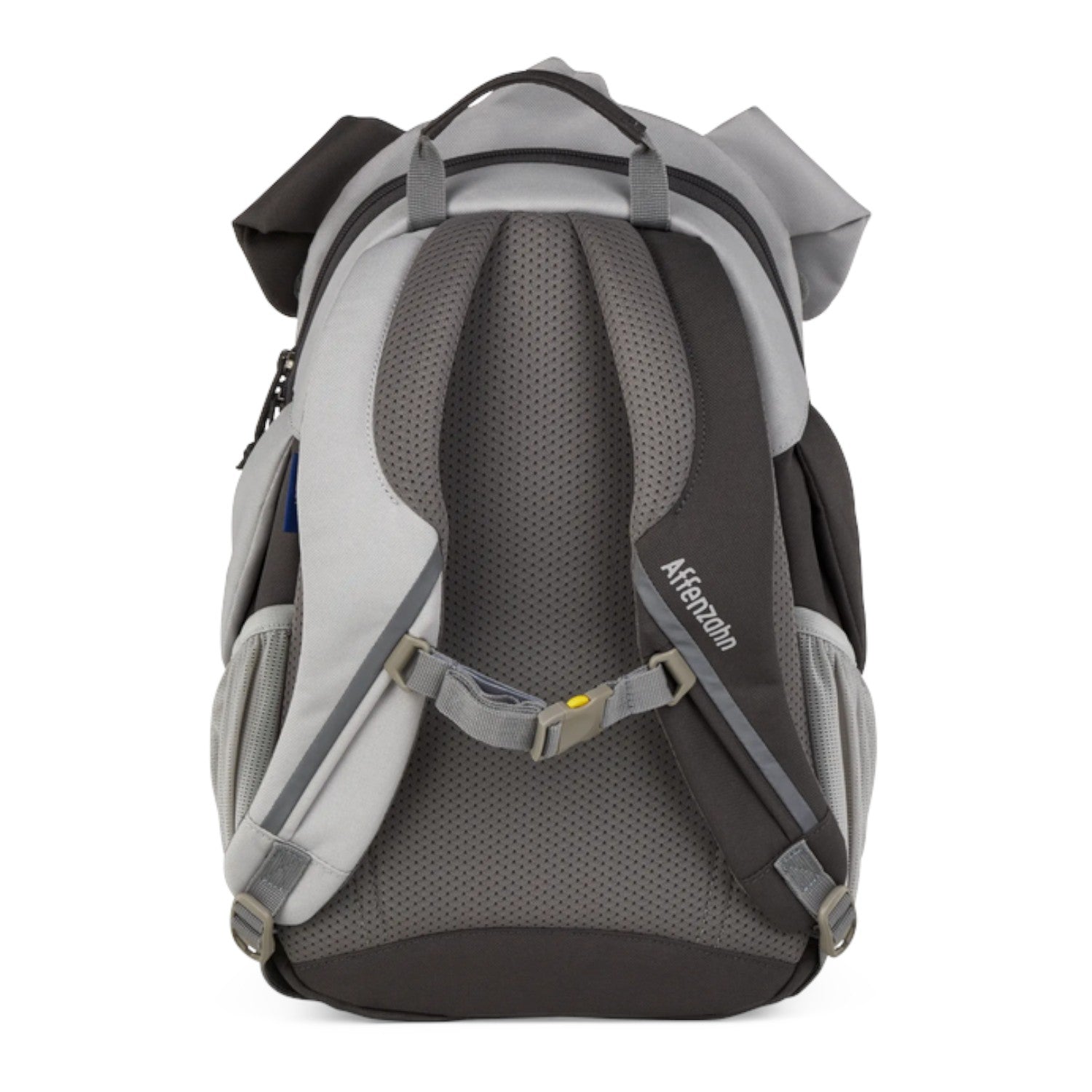 Lieblingstasche Großer Freund grey backpack with padded straps and mesh back panel, featuring elephant ear details.