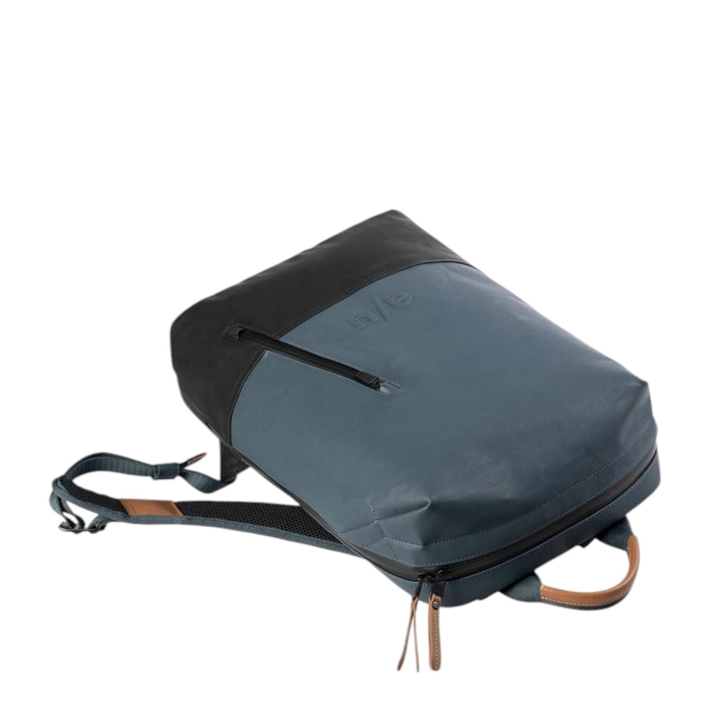 Lieblingstasche a/u by aunts & uncles Hamamatsu backpack in blue and black coated canvas with leather details.