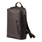 Lieblingstasche a/u by aunts & uncles Hamamatsu backpack in dark brown coated canvas with leather base and zip pocket.