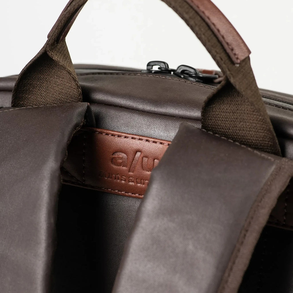 Lieblingstasche a/u by aunts & uncles Hamamatsu backpack in brown coated canvas with leather details and padded straps