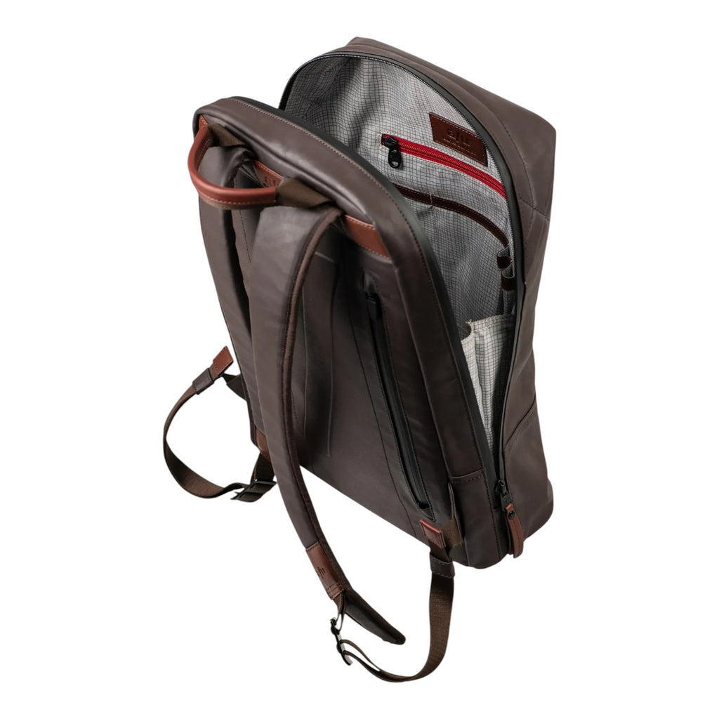 Lieblingstasche Hamamatsu backpack in dark brown coated canvas with leather details and open main compartment