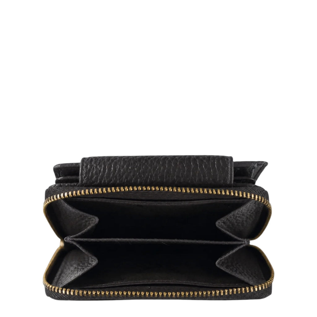 Lieblingstasche Hanna RFID wallet in black grained leather with an open zippered coin compartment and gold hardware