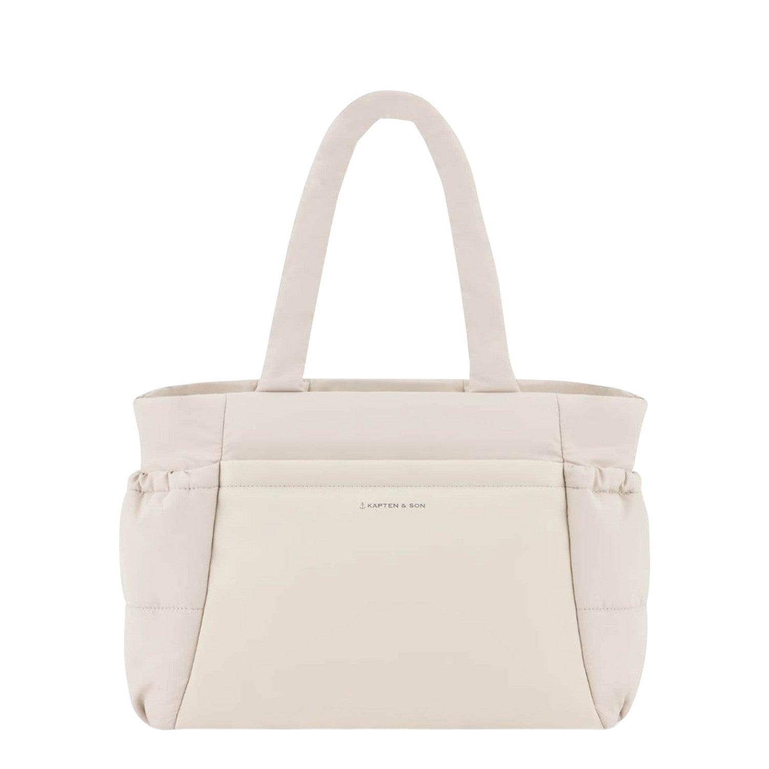 Lieblingstasche Hellvi Cloud Medium tote bag in beige with quilted padding, side bottle pockets, and top handles.