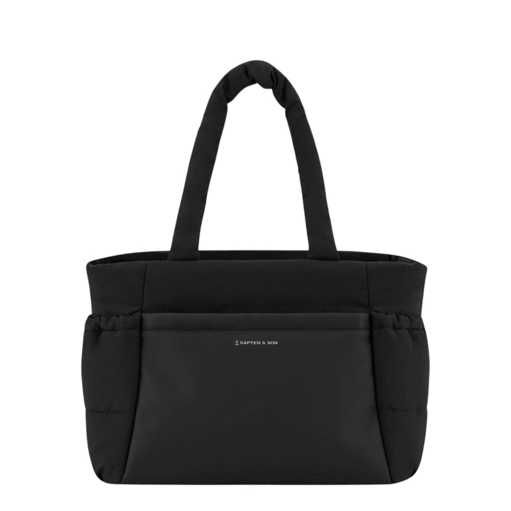 Lieblingstasche Hellvi Cloud Medium black tote bag with padded texture, side bottle pockets, and front zip compartment