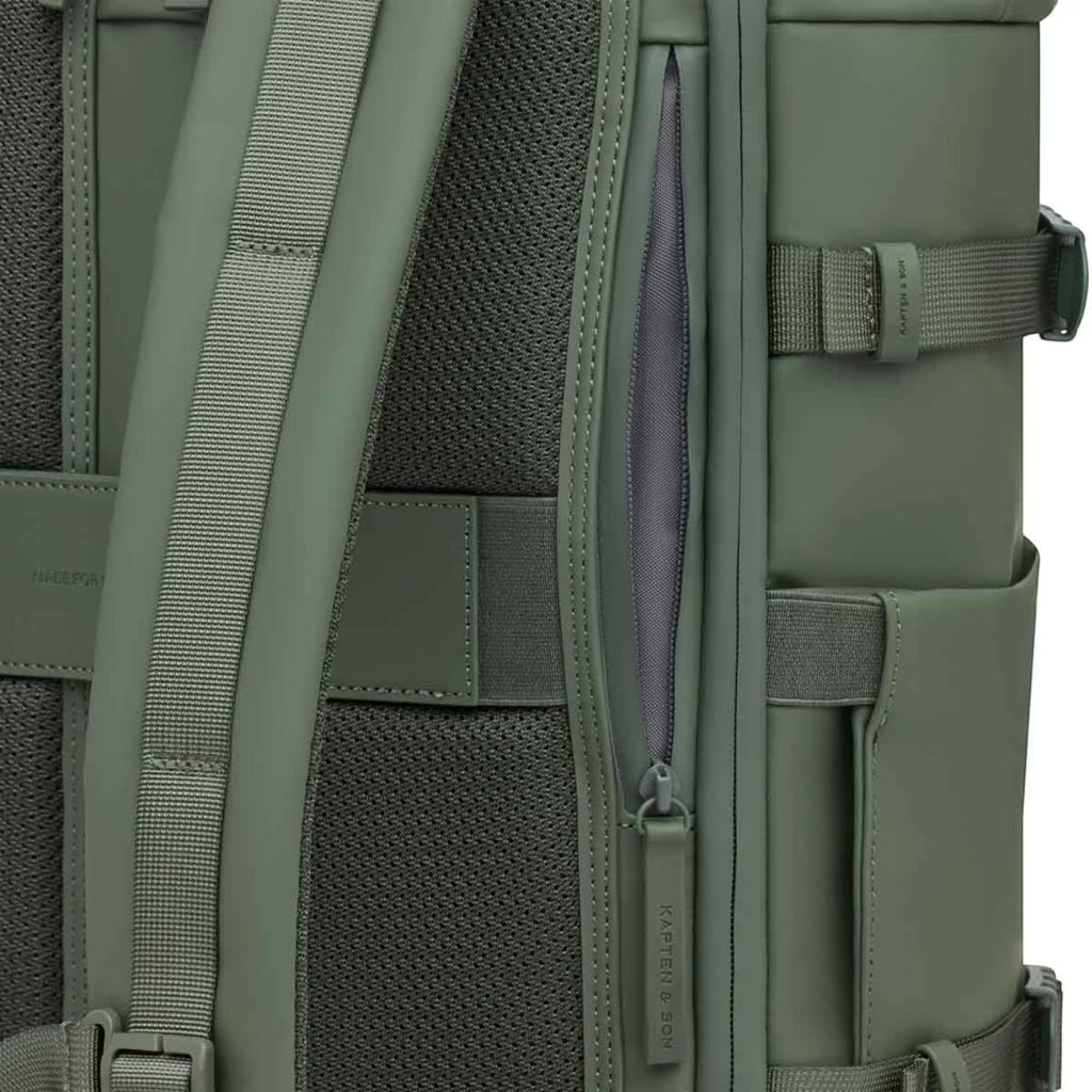 Lieblingstasche Helsinki Pro backpack in olive green with a side zipper pocket and padded mesh back panel