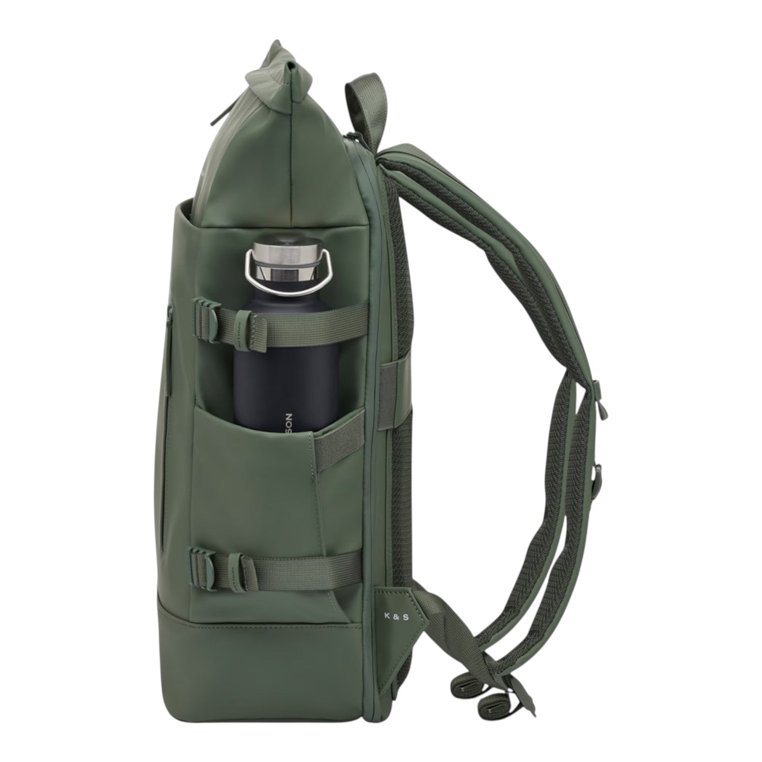 Lieblingstasche Helsinki Pro olive green roll-top backpack with side water bottle pocket and adjustable straps