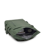 Lieblingstasche Helsinki Pro backpack in olive green with an open main compartment showing interior storage