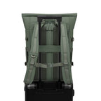 Lieblingstasche Helsinki Pro olive green rolltop backpack back view with luggage trolley strap