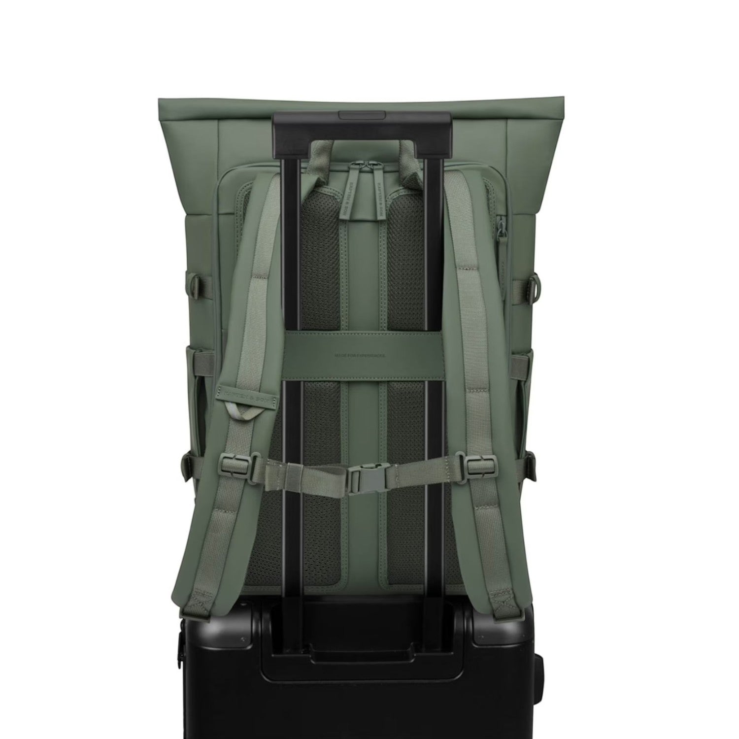 Lieblingstasche Helsinki Pro olive green rolltop backpack back view with luggage trolley strap