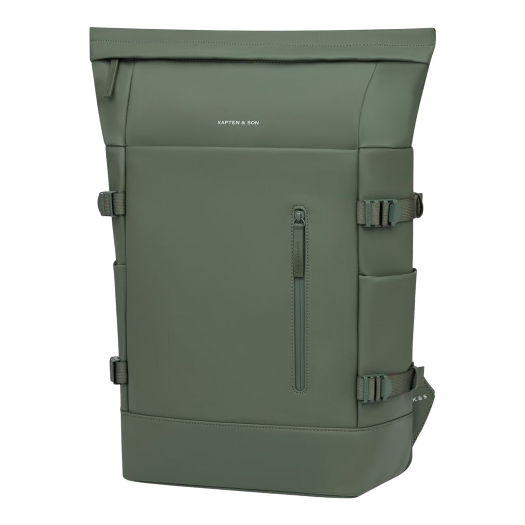 Lieblingstasche Helsinki Pro olive green vegan rolltop backpack with front zipper pocket and side compression straps