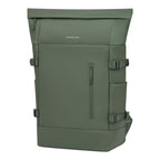 Lieblingstasche Helsinki Pro olive green vegan rolltop backpack with front zipper pocket and side compression straps