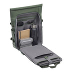 Lieblingstasche Helsinki Pro olive green rolltop backpack with open main compartment, laptop sleeve, and organizers.