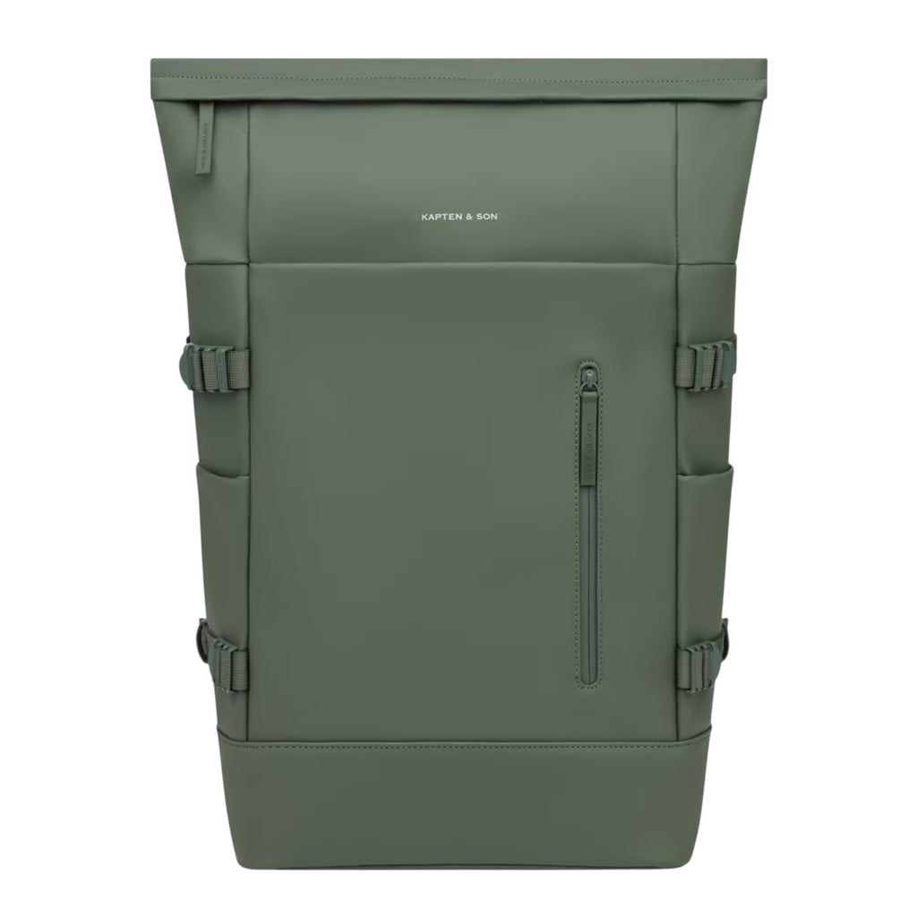 Lieblingstasche Helsinki Pro rolltop backpack in sage green with a front zip pocket and side compression straps.