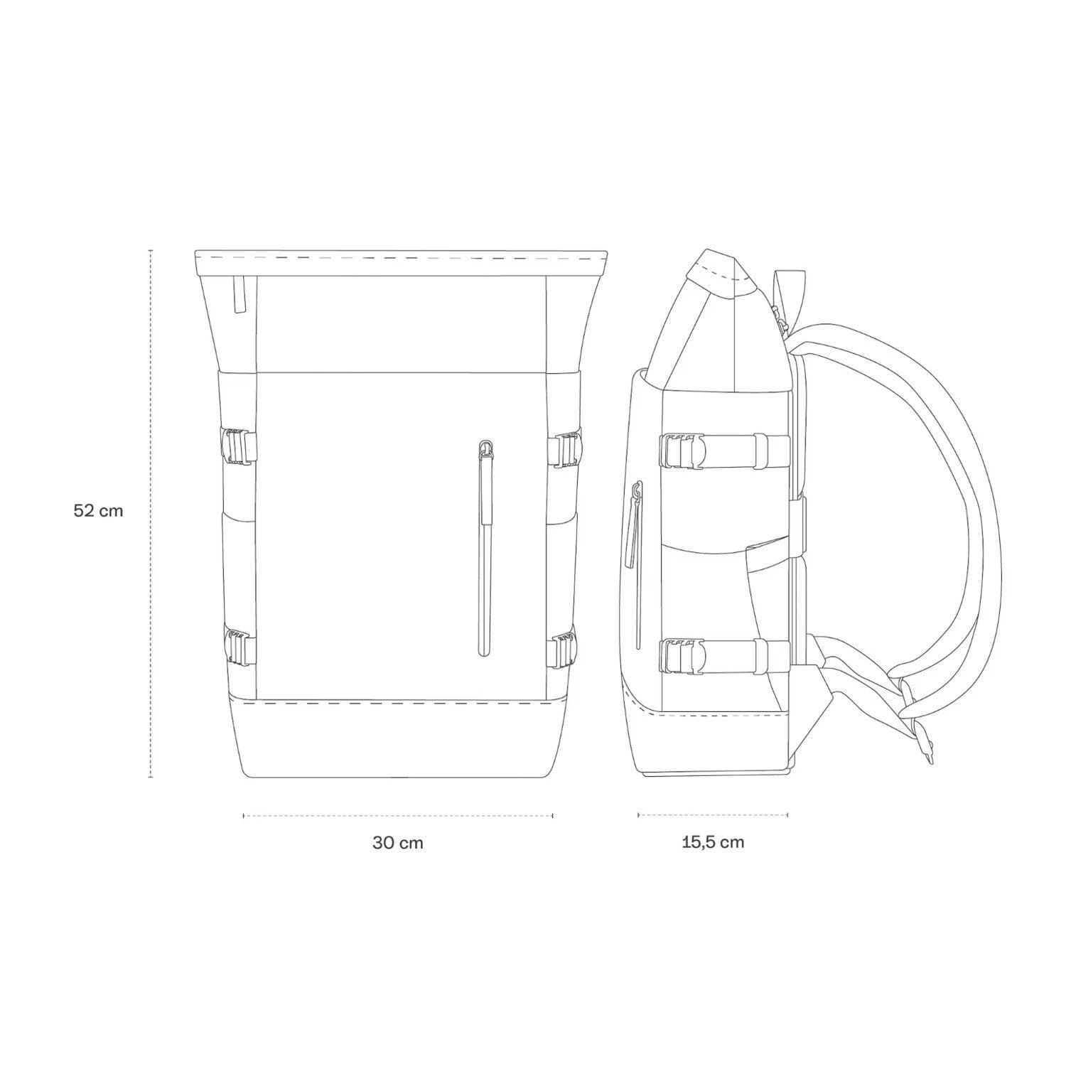 Lieblingstasche Helsinki Pro backpack technical line drawing showing front and side dimensions in centimeters