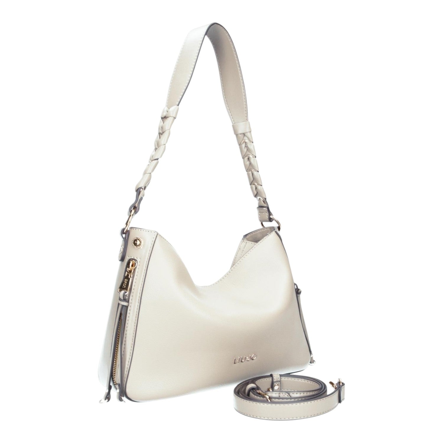 Lieblingstasche Hobo M beige shoulder bag with braided strap and gold zipper details on a white background