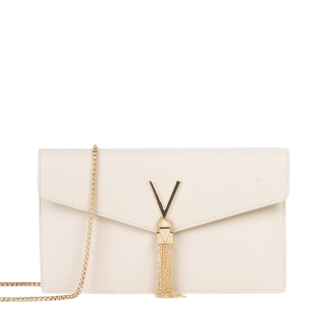 Lieblingstasche ivory leather clutch with gold V logo and tassel detail, chain strap