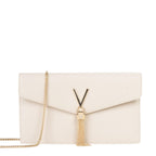 Lieblingstasche ivory leather clutch with gold V logo and tassel detail, chain strap