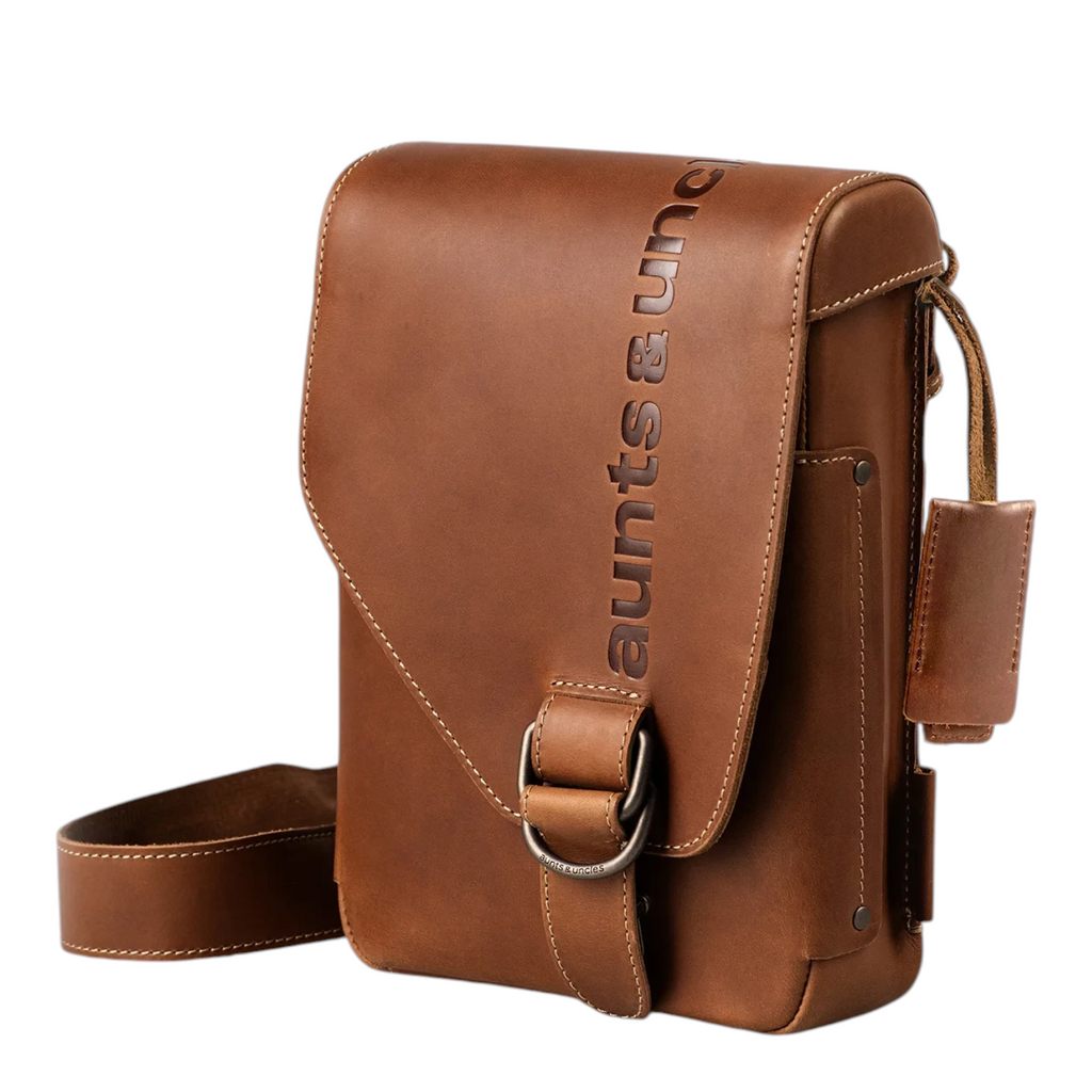 Lieblingstasche Jade brown leather crossbody bag with embossed logo and metal buckle closure