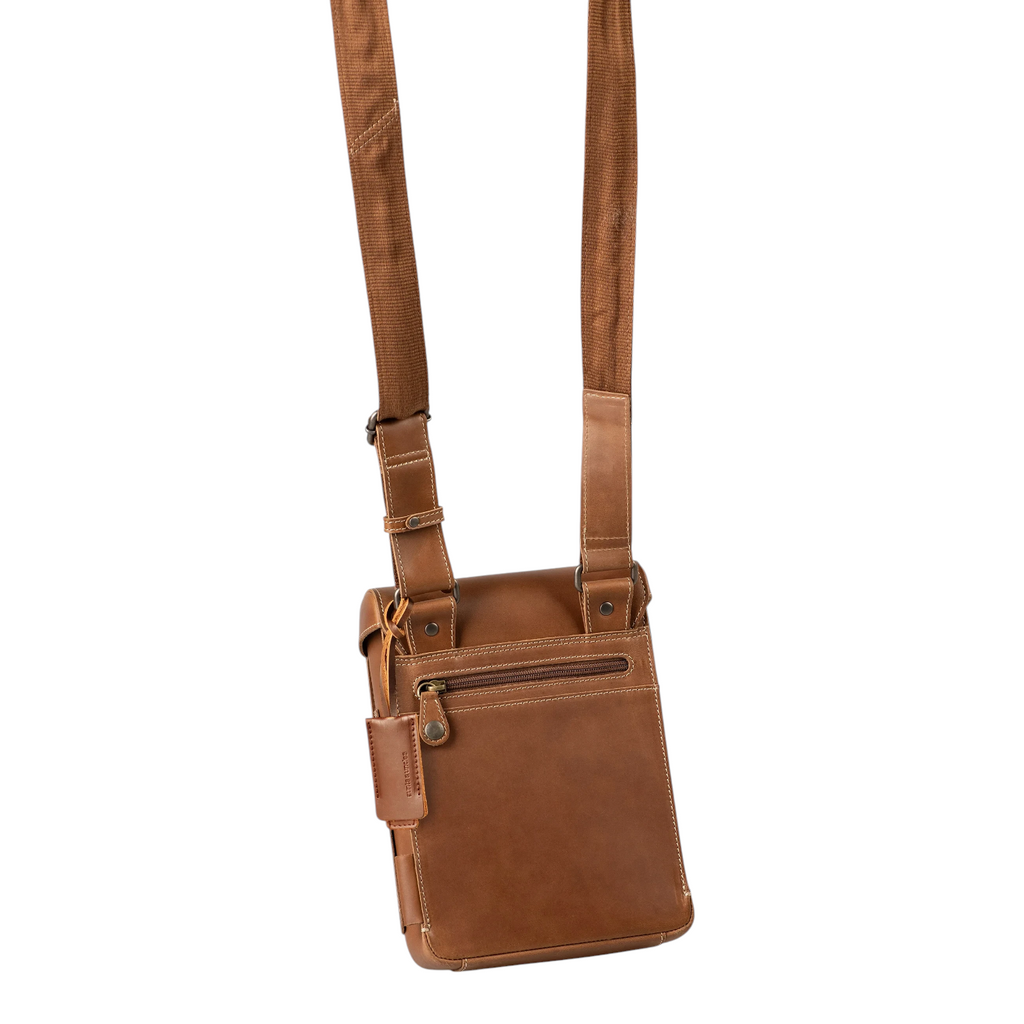 Lieblingstasche Jade brown leather crossbody bag with adjustable canvas strap and back zipper pocket