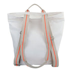 Lieblingstasche Kaje white backpack with grey straps featuring neon orange stripes and silver hardware.